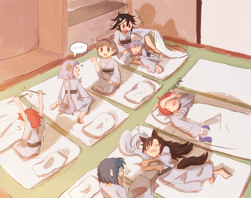 6+girls, animal_ears, black_hair, blanket, blue_hair, blush, brown_hair, closed_eyes, covering_eyes, donki_(yeah), double_dealing_character, drooling, drumsticks, fetal_position, grey_kimono, hair_ornament_removed, hairband, head_fins, highres, horikawa_raiko, horns, imaizumi_kagerou, indoors, japanese_clothes, kijin_seija, kimono, long_hair, long_sleeves, lying, mermaid, monster_girl, mouth_drool, multiple_girls, nose_bubble, on_back, on_side, open_mouth, pillow, purple_hairband, redhead, seiza, sekibanki, short_hair, sitting, sleeping, sleeping_on_person, smile, stretching, sukuna_shinmyoumaru, tail, tail_hug, third-party_source, touhou, tsukumo_benben, tsukumo_yatsuhashi, wakasagihime, wariza, wolf_ears, wolf_tail, zzz