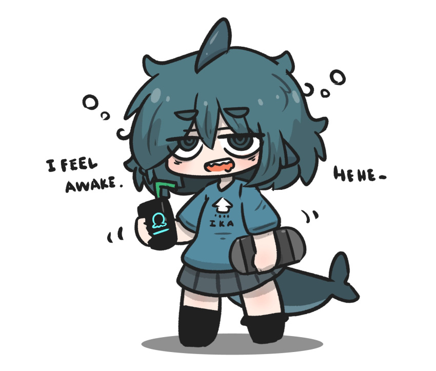 1girl, :d, bangs, bendy_straw, black_socks, blue_eyes, blue_hair, blue_shirt, can, chibi, clothes_writing, commentary_request, drinking_straw, drooling, energy_drink, english_text, fish_tail, fuka-chan, full_body, grey_skirt, hair_between_eyes, handheld_game_console, highres, holding, holding_can, master_sgt_mine, mouth_drool, original, pleated_skirt, puffy_short_sleeves, puffy_sleeves, ringed_eyes, romaji_text, shadow, shark_tail, sharp_teeth, shirt, short_eyebrows, short_sleeves, simple_background, skirt, smile, socks, solo, standing, tail, teeth, thick_eyebrows, white_background