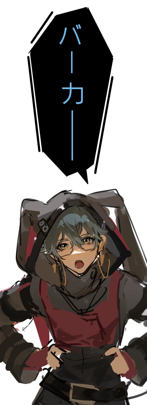 1boy, animal_hood, bangs, belt, black_belt, black_dress, blue_hair, commentary, cosplay, crossdressing, dress, effole_(fairy_fencer_f), effole_(fairy_fencer_f)_(cosplay), eyewear_strap, fairy_fencer_f, fingerless_gloves, glasses, gloves, hair_between_eyes, hands_on_hips, high_collar, highres, hood, hood_up, ike_eveland, long_sleeves, looking_at_viewer, male_focus, multicolored_clothes, multicolored_dress, nijisanji, nijisanji_en, open_mouth, rabbit_hood, red_dress, red_gloves, short_hair, simple_background, sketch, solo, song_(v3wm9a701fvqjxf), speech_bubble, translated, upper_body, virtual_youtuber, white_background, yellow_eyes