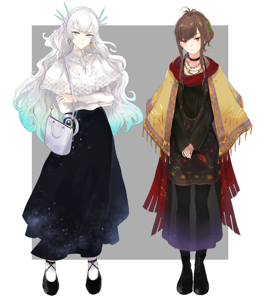 2girls, bag, bangs, black_choker, black_dress, black_footwear, black_pantyhose, black_skirt, blue_hair, boots, border, brown_hair, capelet, choker, closed_mouth, commentary, contemporary, crossed_arms, dress, earrings, full_body, gradient_hair, greek_mythology, grey_eyes, hair_between_eyes, hair_ornament, handbag, hecate_(mythology), highres, hoop_earrings, jewelry, kachi, leaf_hair_ornament, long_hair, long_sleeves, mixed-language_commentary, multicolored_hair, multiple_girls, original, outside_border, own_hands_together, pantyhose, persephone_(mythology), red_eyes, red_scarf, scarf, see-through, shirt, short_hair, sidelocks, skirt, sleeves_past_wrists, socks, white_bag, white_border, white_capelet, white_hair, white_shirt, white_socks