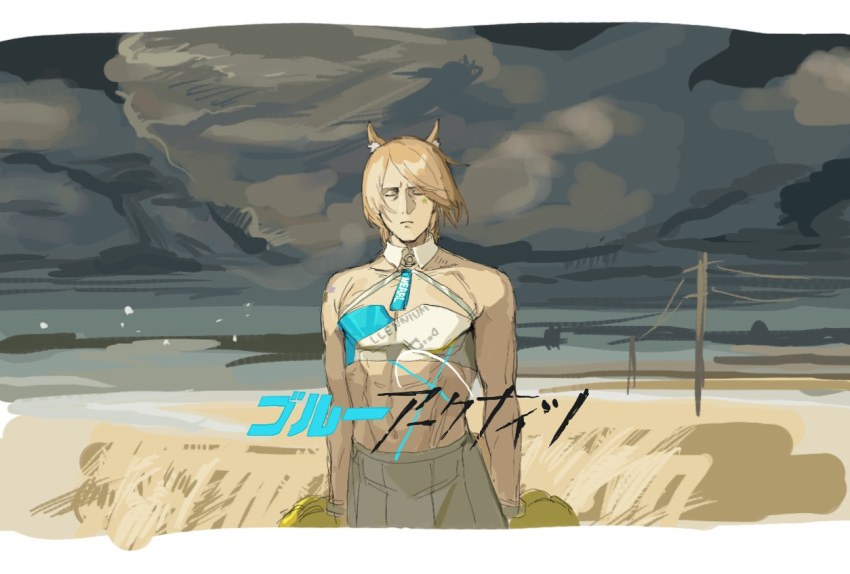 1boy, abs, animal_ears, arknights, blonde_hair, blue_archive, cheerleader, closed_eyes, closed_mouth, clouds, cloudy_sky, crop_top, crossdressing, gbsangou, hibiki_(blue_archive), hibiki_(cheerleader)_(blue_archive), holding, holding_pom_poms, horse_boy, horse_ears, male_focus, mlynar_(arknights), outdoors, parody, pleated_skirt, pom_pom_(cheerleading), skirt, sky, solo, star_(symbol), sticker, sticker_on_face, toned, toned_male