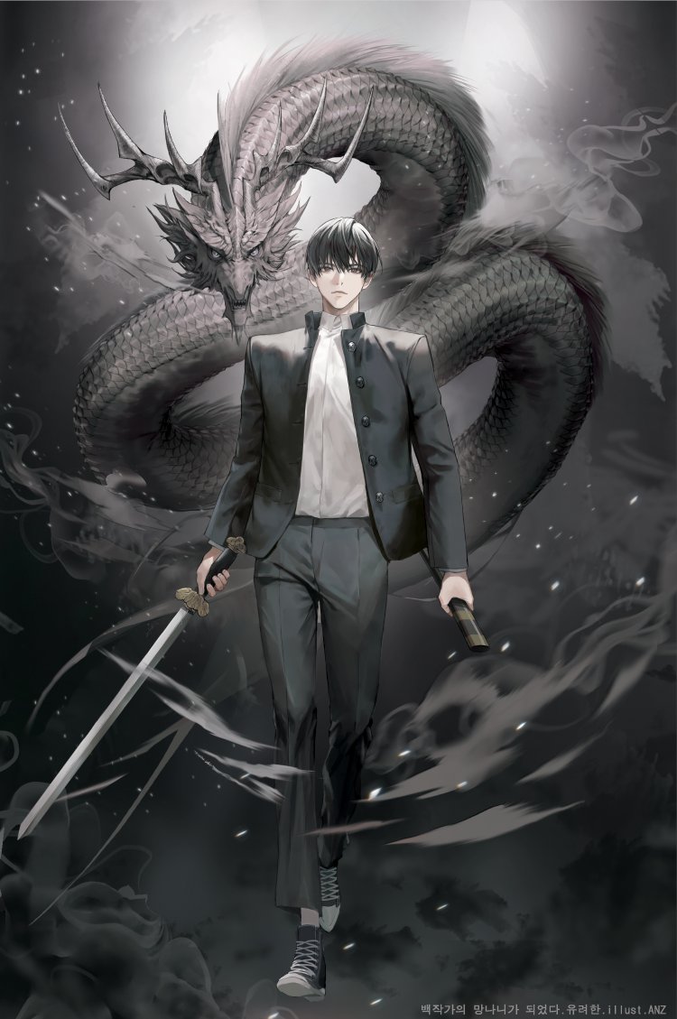 1boy, anjeu_(anz8888), black_hair, choi_han, collared_shirt, dark_background, dragon, eastern_dragon