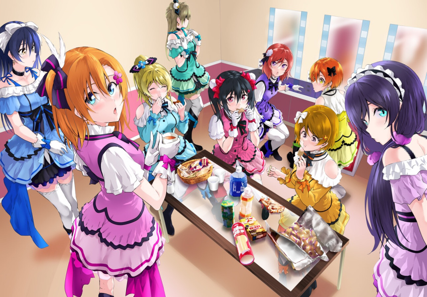 6+girls, ayase_eli, black_hair, blonde_hair, blue_hair, brown_hair, commentary, dark_blue_hair