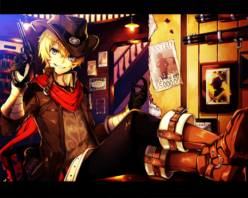 1boy, billy_the_kid_(fate), blonde_hair, boots, cowboy, cowboy_hat, cowboy_western, crossed_legs, eyebrows_hidden_by_hair, fate/grand_order, fate_(series), grin, gun, handgun, hat, highres, holding, holding_weapon, jacket, looking_at_viewer, male_focus, money_gesture, mutsuki_(ama245), red_scarf, revolver, rifle, scarf, sitting, smile, tavern, wanted, weapon