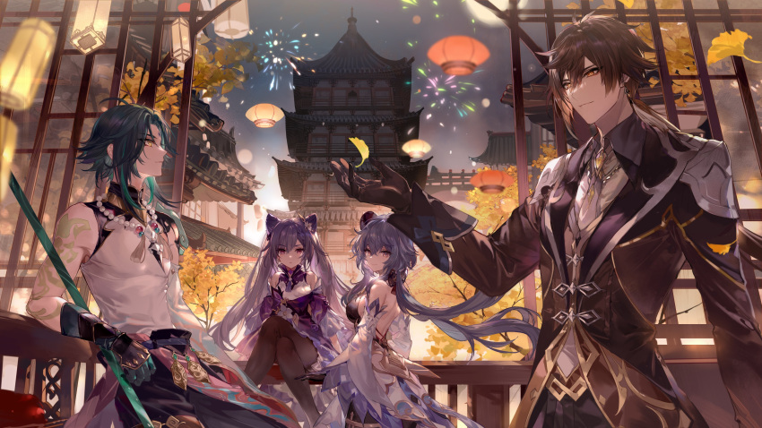 2boys, 2girls, absurdres, aerial_fireworks, architecture, arm_tattoo, asymmetrical_clothes, bangs