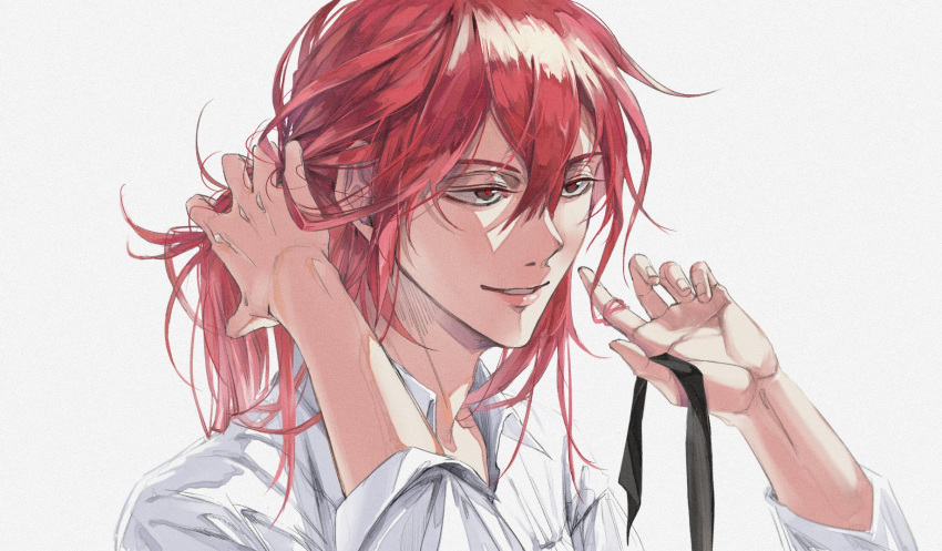 1boy, arm_behind_head, brown_eyes, cale_henituse, collared_shirt, dated_commentary, grin, hands_in_hair, highres, korean_commentary, limlimg3u, long_hair, lout_of_count's_family, male_focus, portrait, red_pupils, shirt, sleeves_rolled_up, smile, solo, tying_hair, white_background, white_shirt