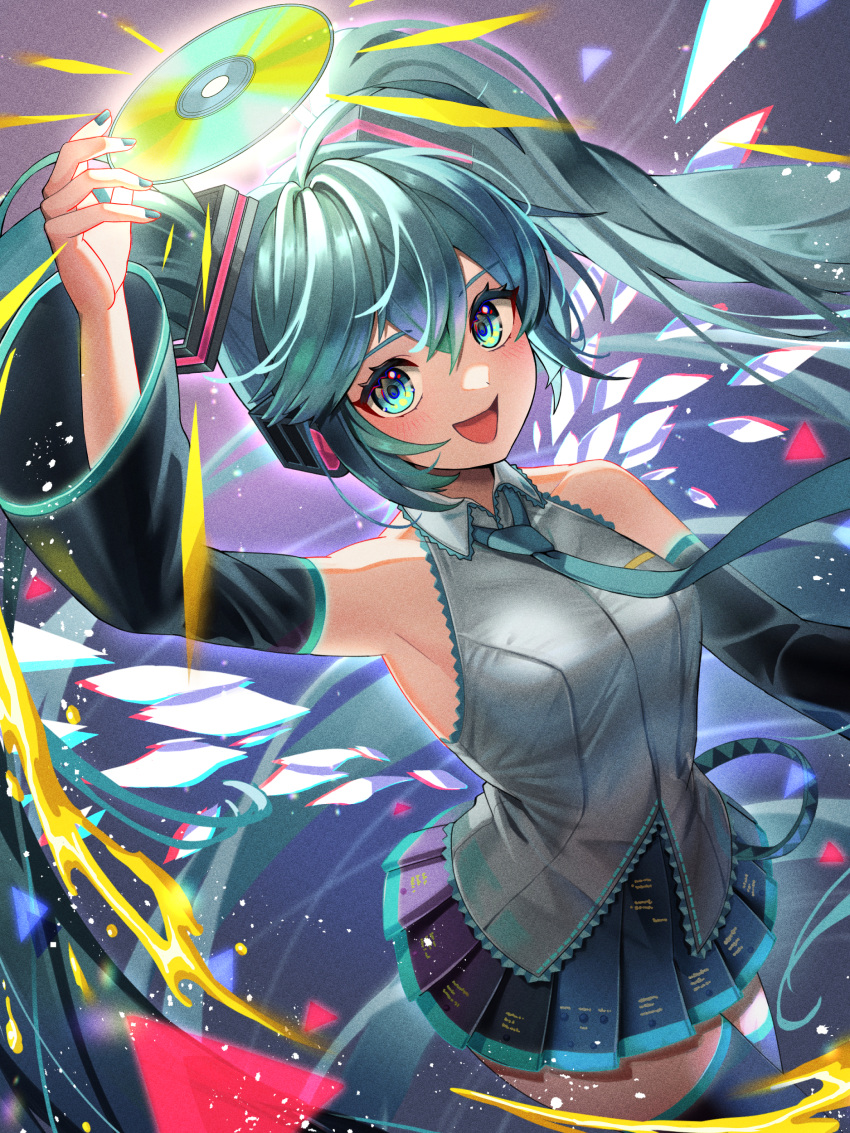 1girl, absurdres, aqua_eyes, aqua_hair, aqua_nails, aqua_necktie, arm_up, bangs