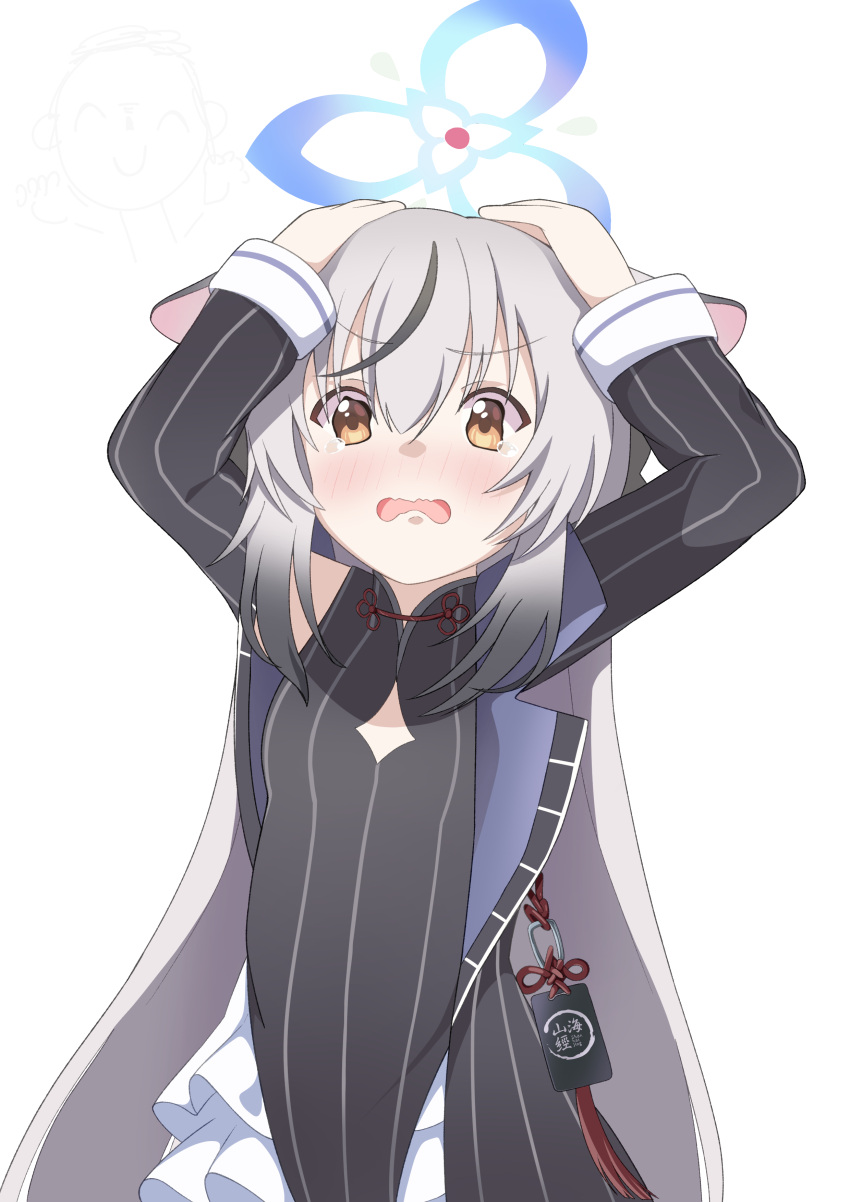 1girl, absurdres, animal_ears, arms_up, blue_archive, blush, breasts, brown_eyes