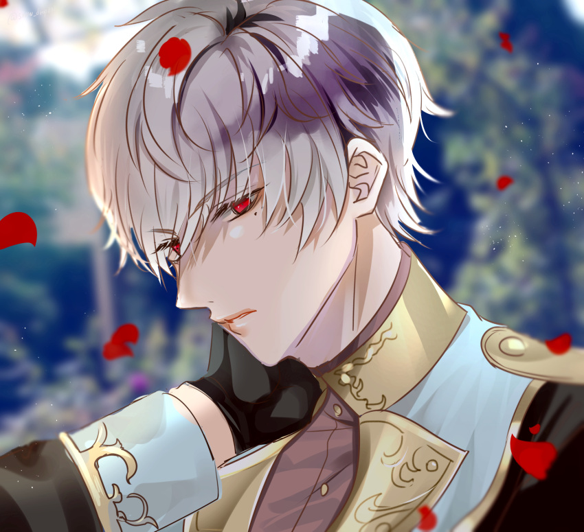 1boy, black_gloves, blurry, blurry_background, gloves, gold_trim, grey_hair, hand_up