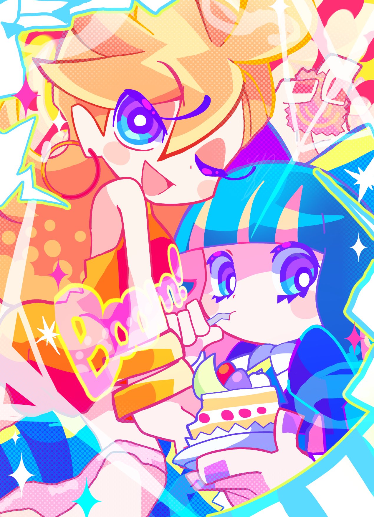 2girls, ;d, bangs, blonde_hair, blue_hair, blunt_bangs, blush_stickers, bracelet