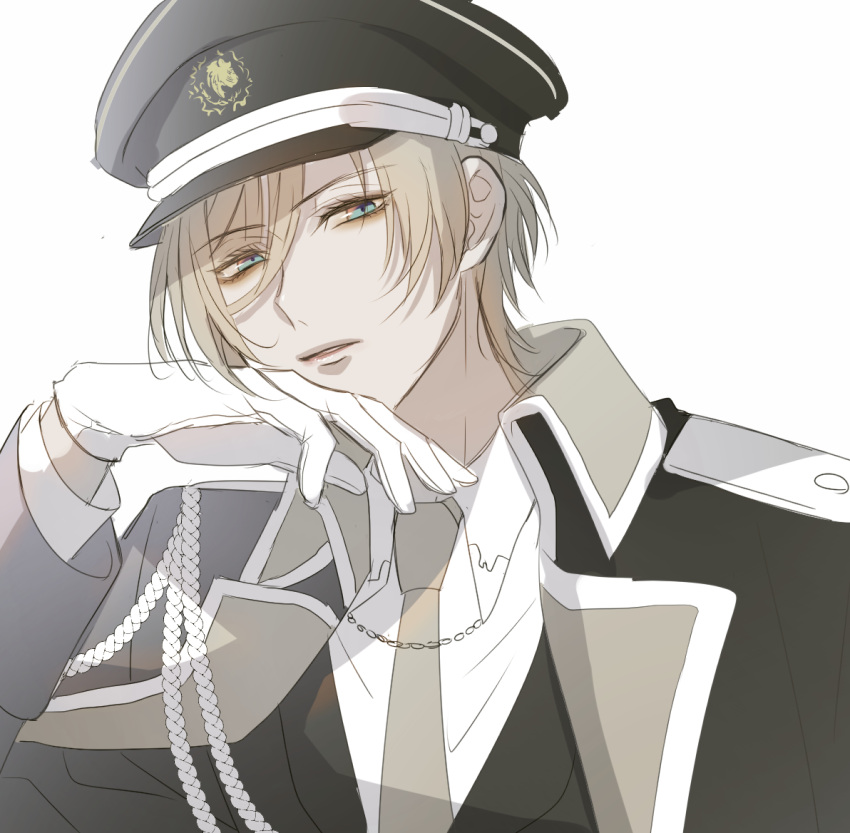 1boy, black_headwear, blue_eyes, brown_necktie, chevalier_michel, gloves, hand_up, ikemen_prince