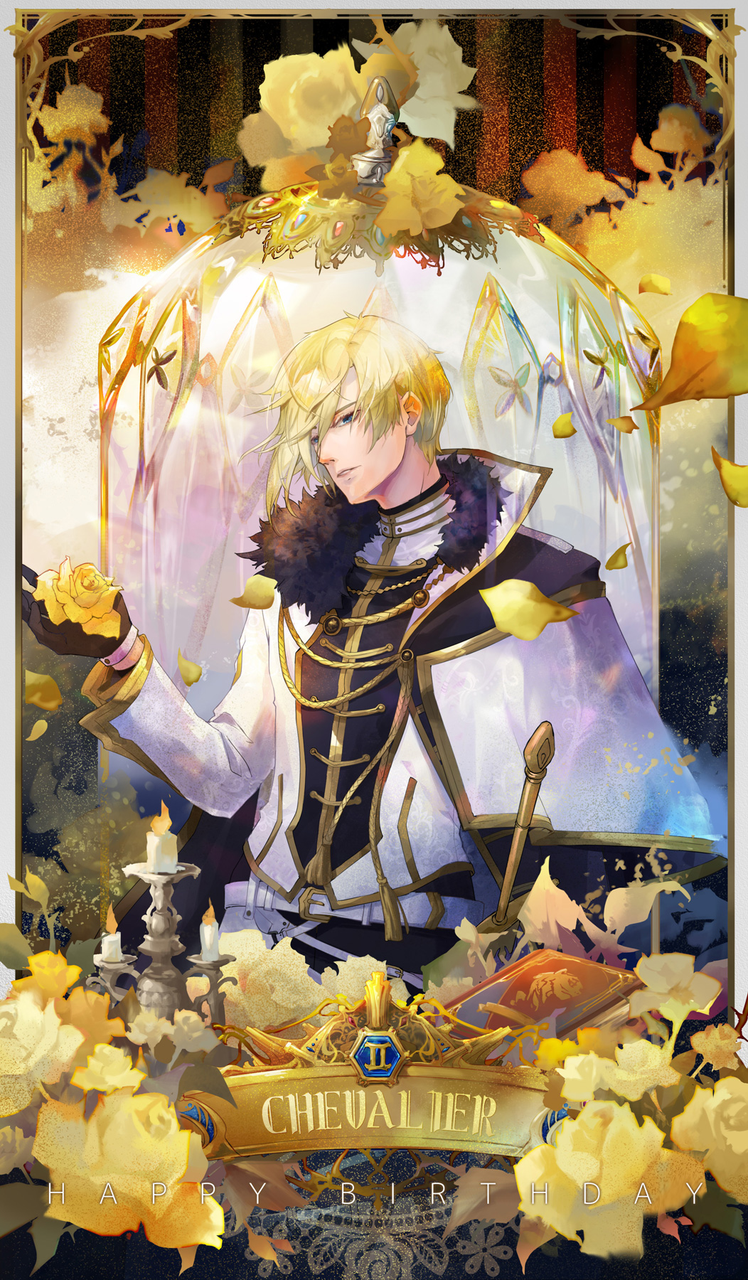 1boy, black_gloves, blonde_hair, blue_eyes, candlestand, character_name, chevalier_michel, dome