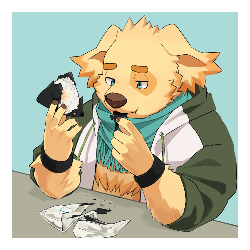 1boy, animal_ears, blue_background, blue_eyes, body_fur, border, commentary_request, cu_sith_(housamo)