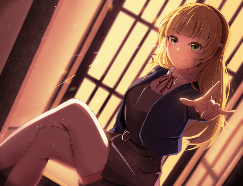1girl, \m/, absurdres, bangs, blonde_hair, blue_jacket, blunt_bangs, closed_mouth, commentary_request, crossed_legs, dress, green_eyes, grey_dress, hairband, heanna_sumire, highres, indoors, jacket, long_hair, love_live!, love_live!_superstar!!, ninben_(ninben_2892), one_eye_closed, open_clothes, open_jacket, orange_hairband, outstretched_arm, pinafore_dress, school_uniform, smile, solo, thigh-highs, white_thighhighs, window, yuigaoka_school_uniform, zettai_ryouiki