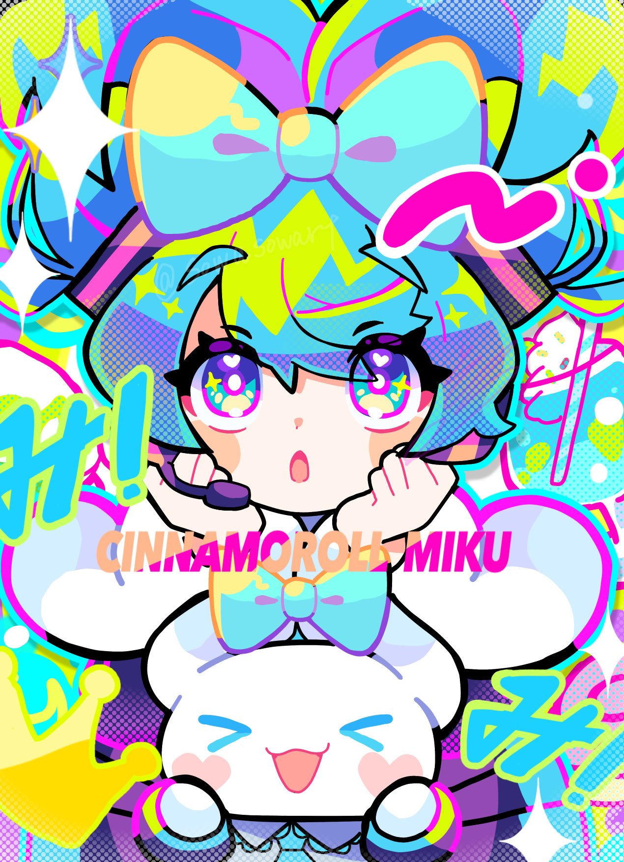 >_<, 1girl, :3, bangs, blue_bow, blue_eyes, blue_hair, bow, character_name, chestnut_mouth, chibi, cinnamiku, cinnamoroll, cosplay, creature, crossover, crown, cup, drink, drinking_glass, drinking_straw, eyes_visible_through_hair, hair_bow, half_updo, hands_on_own_chin, hatsune_miku, hatsune_miku_(cosplay), heart, heart_blush_stickers, heart_in_eye, highres, long_hair, looking_up, sanrio, solo, sowao., star_(symbol), star_in_eye, symbol_in_eye, tied_ears, vocaloid