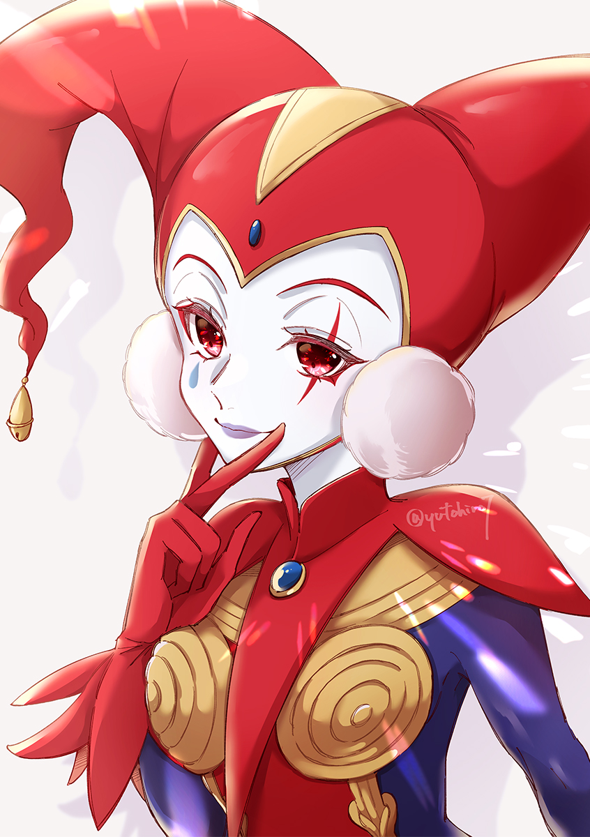 1girl, bell, bodysuit, chrono_cross, closed_mouth, facepaint, gloves, harle_(chrono_cross)