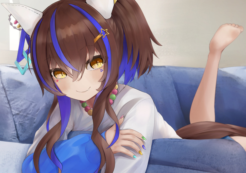 1girl, animal_ears, breasts, commentary_request, couch, daitaku_helios_(umamusume), fang, fingernails