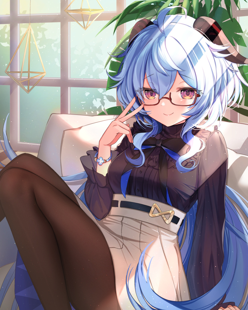 1girl, absurdres, adjusting_eyewear, ahoge, bangs, black_bow, black_shirt, blue_hair