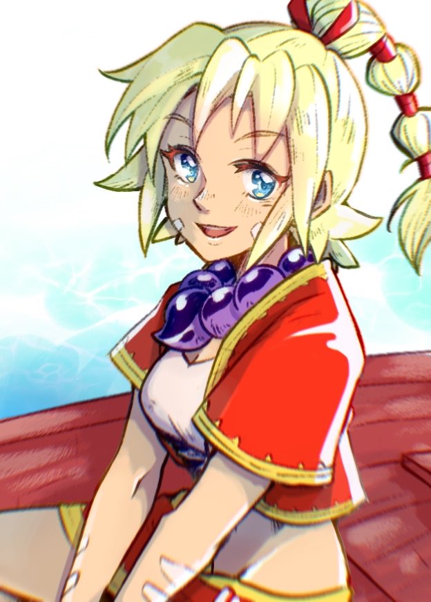 1girl, bandages, blonde_hair, blue_eyes, breasts, chrono_cross, crop_top, facial_mark