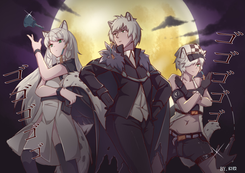 1boy, 2girls, absurdres, animal_ears, arknights, armband, battle_tendency, bell