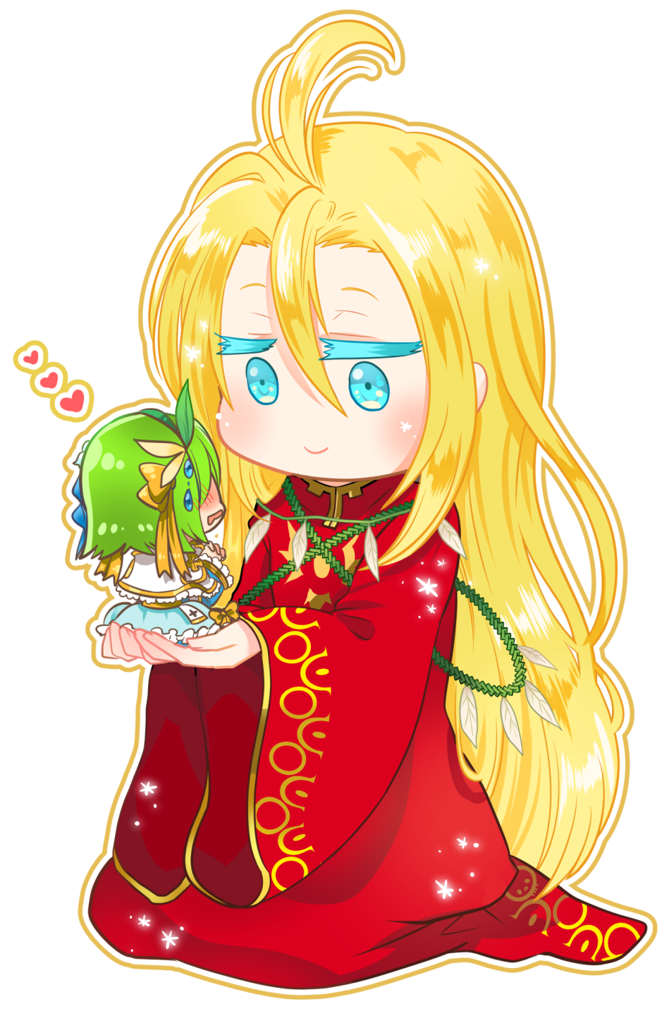 1boy, 1girl, ahat_(ragnarok_online), ahoge, arch_bishop_(ragnarok_online), bangs, blonde_hair, blue_dress