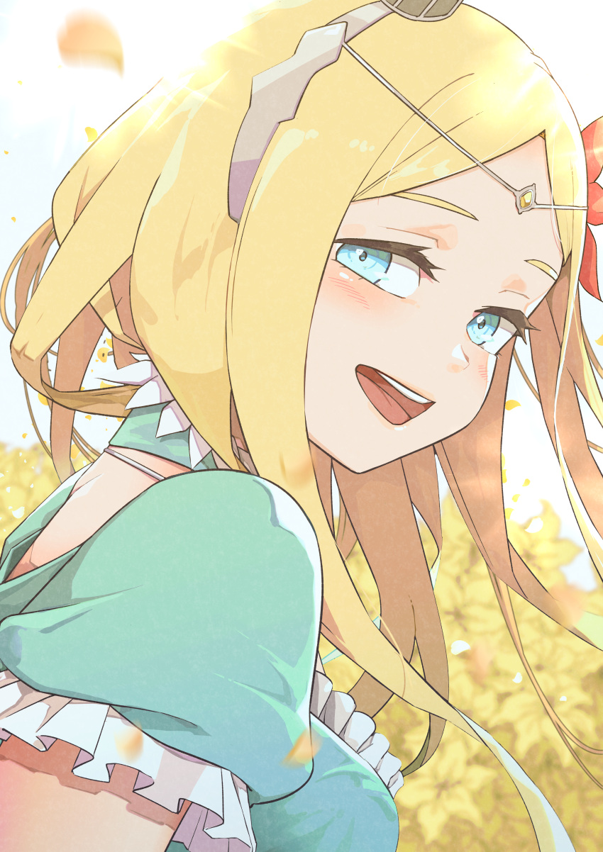1girl, :d, absurdres, blonde_hair, blue_dress, circlet, dress, fcgc_(friedalwaysgood), floating_hair, from_behind, hair_ornament, highres, long_hair, looking_at_viewer, looking_back, open_mouth, overlord_(maruyama), puffy_short_sleeves, puffy_sleeves, renner_theiere_chardelon_ryle_vaiself, short_sleeves, smile, solo