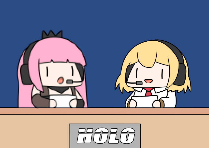 2girls, :d, :o, absurdres, bangs, blonde_hair, blue_background, chibi