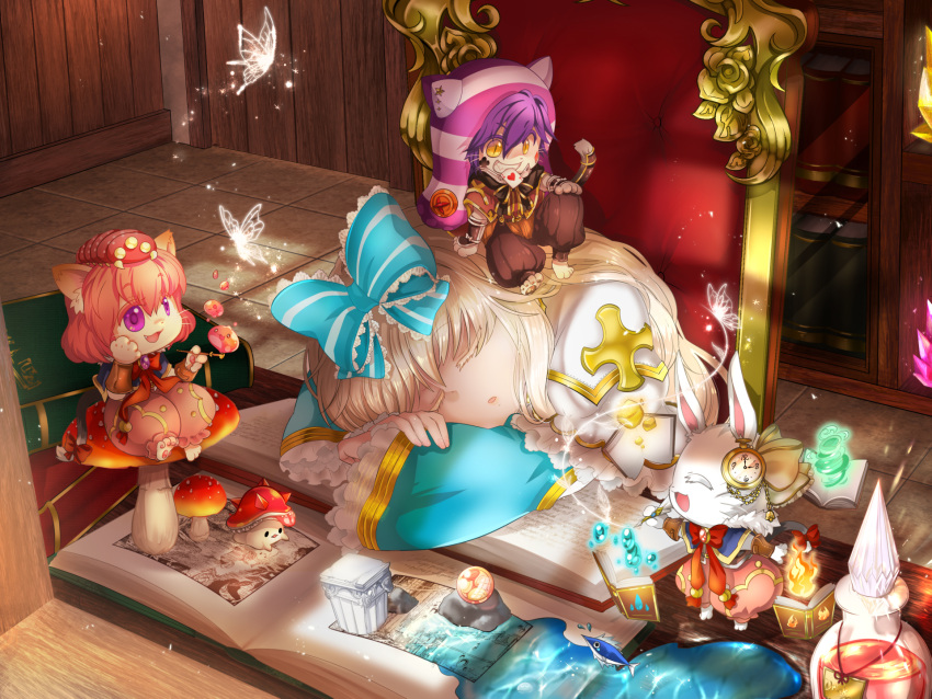 1boy, 3girls, ace_of_hearts, arch_bishop_(ragnarok_online), bangs, barefoot, blonde_hair, blue_bow