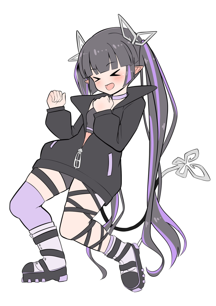>_<, 1girl, :d, bangs, black_footwear, black_hair, black_jacket, black_ribbon