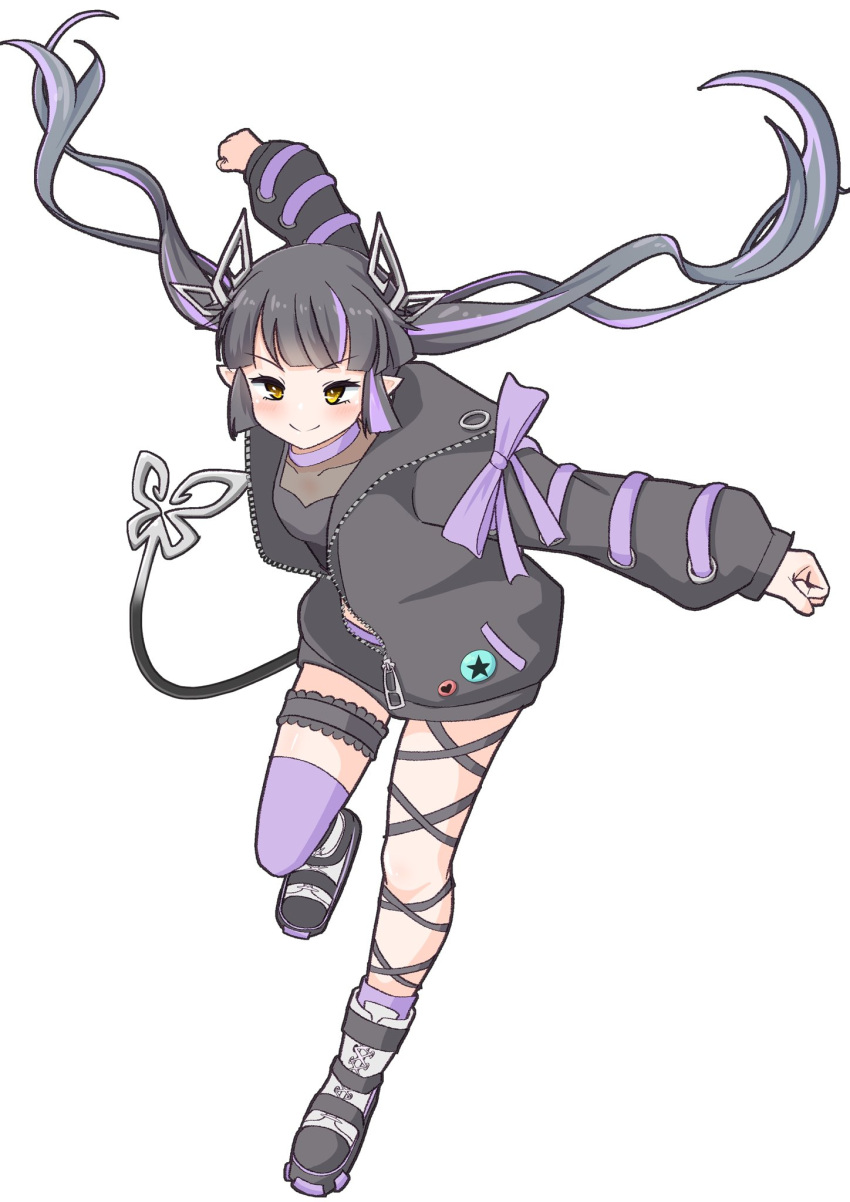 1girl, badge, bangs, black_footwear, black_hair, black_jacket, black_ribbon, black_shirt