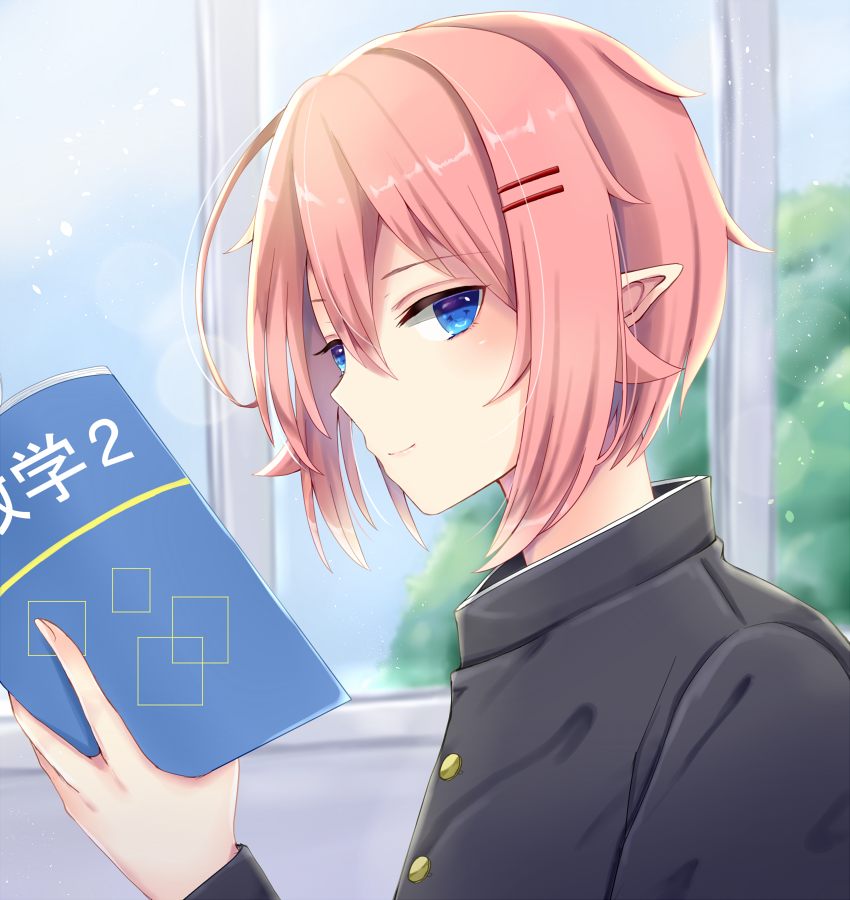 1boy, bishounen, blue_eyes, book, gakuran, hair_between_eyes, hair_ornament, hairclip