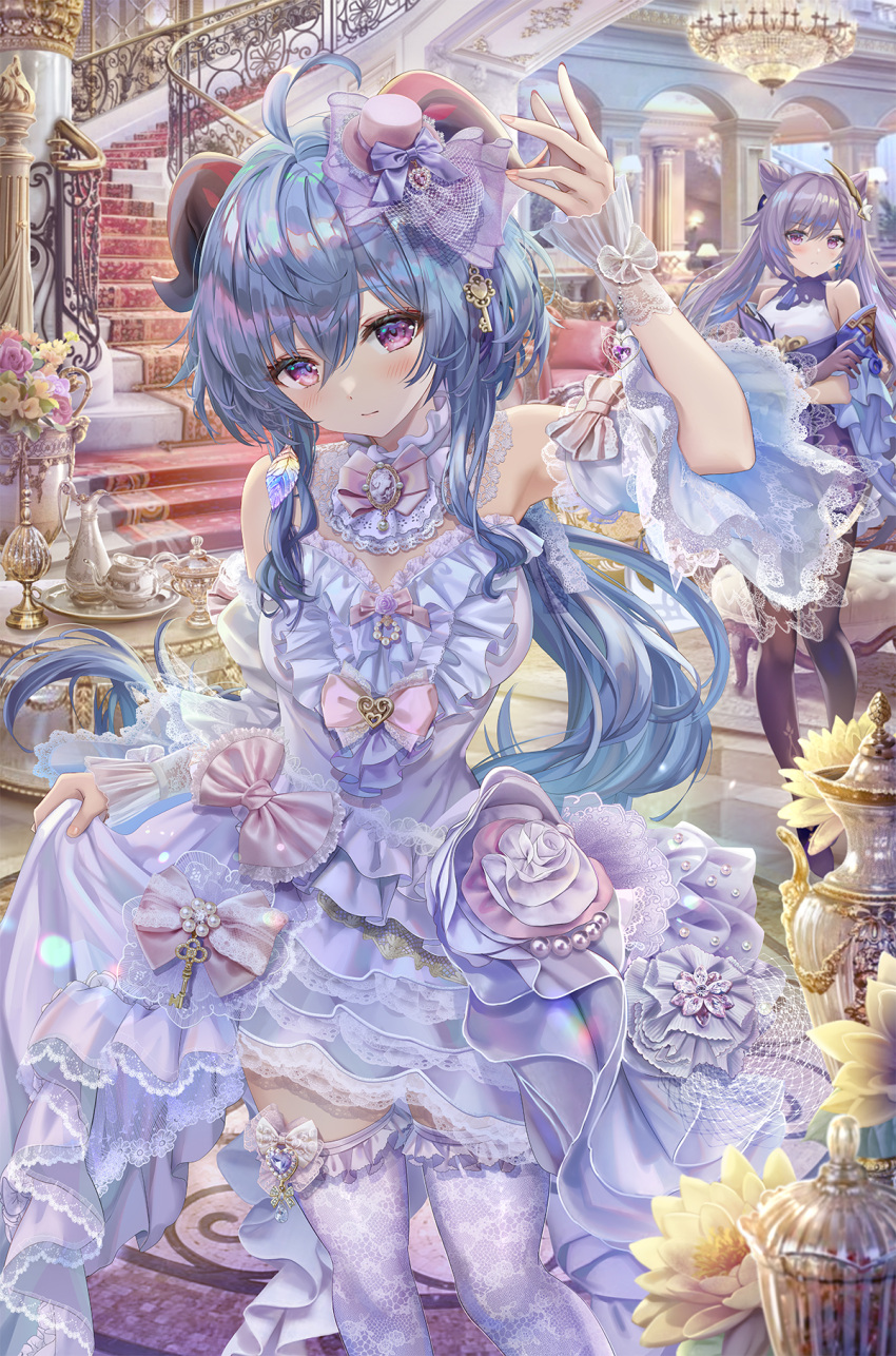 2girls, ahoge, alternate_costume, arm_up, armpits, bangs, blue_hair, blush