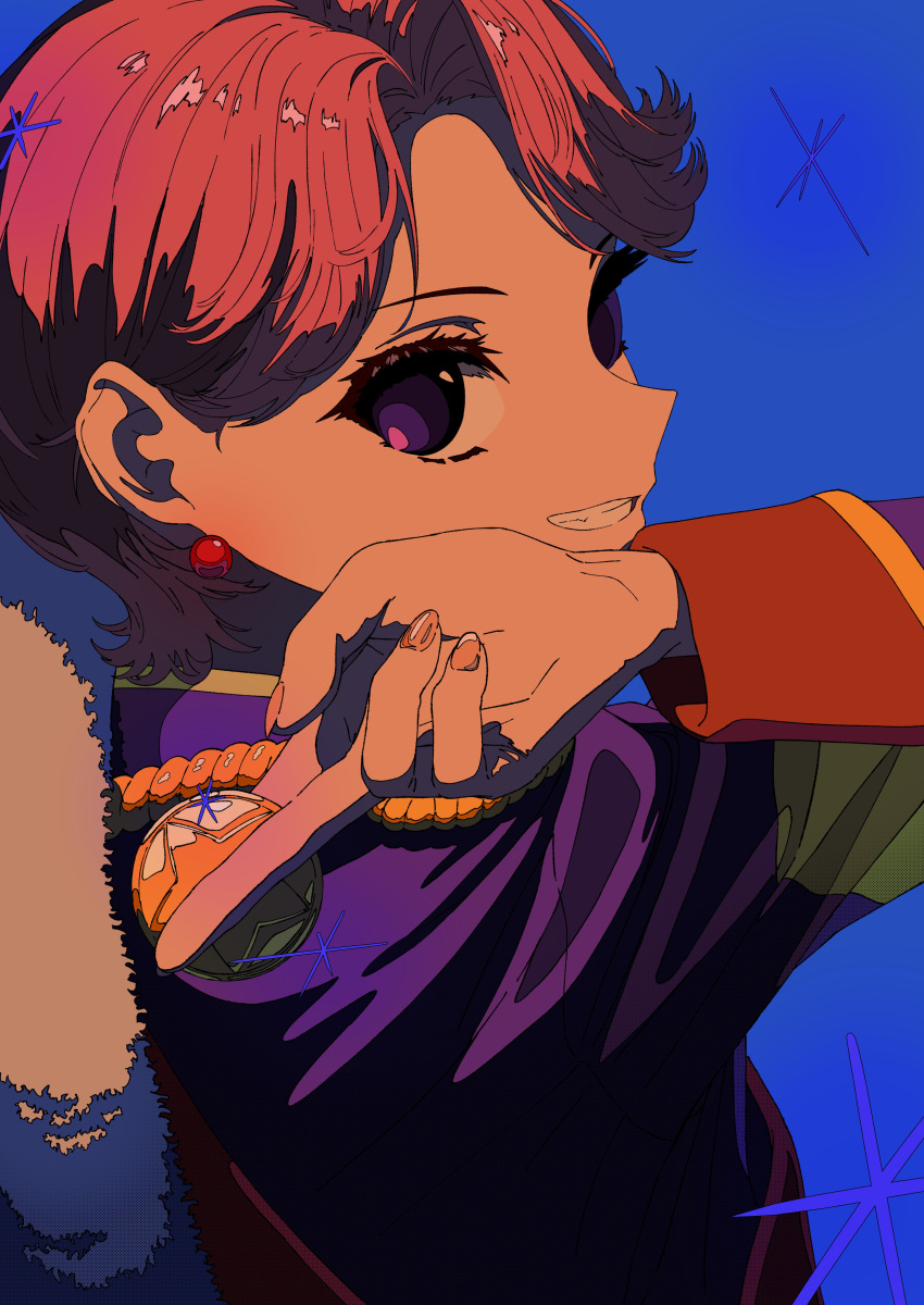 1girl, absurdres, bangs, blue_background, commentary, earrings, eyelashes, fang