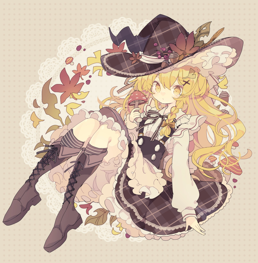 1girl, acorn, apron, autumn_leaves, bangs, blonde_hair, bloomers, boots