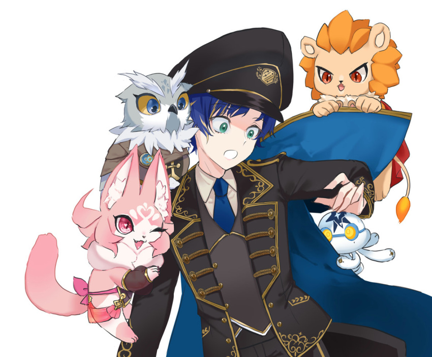 1boy, ;d, animal_on_shoulder, apolleon, arm_hug, astel_leda, bird, black_headwear