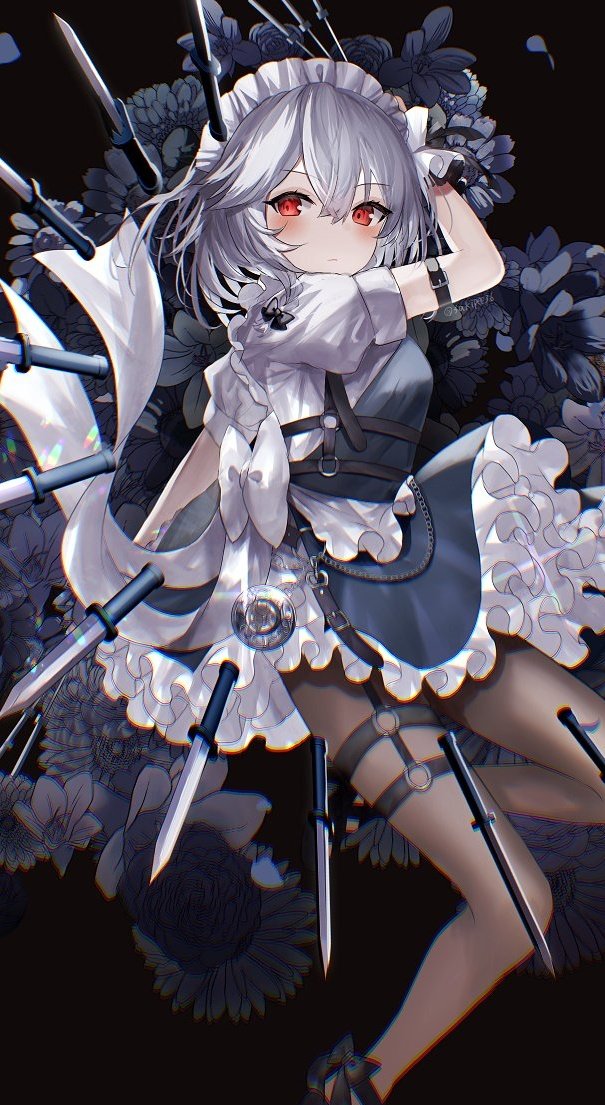 1girl, apron, arm_up, back_bow, bangs, between_fingers, black_background, black_bow, black_footwear, blue_flower, blush, bow, braid, breasts, brown_pantyhose, chain, clock, closed_mouth, commentary_request, dress, floral_background, flower, flying, footwear_bow, frills, grey_apron, grey_bow, grey_dress, grey_hair, grey_shirt, hair_between_eyes, hair_bow, hand_up, izayoi_sakuya, knife, looking_to_the_side, maid, maid_headdress, medium_breasts, pantyhose, petals, puffy_short_sleeves, puffy_sleeves, red_eyes, sakizaki_saki-p, shirt, shoes, short_hair, short_sleeves, silver_chain, solo, sparkle, touhou, twin_braids, twitter_username, v-shaped_eyebrows, weapon, wrist_cuffs