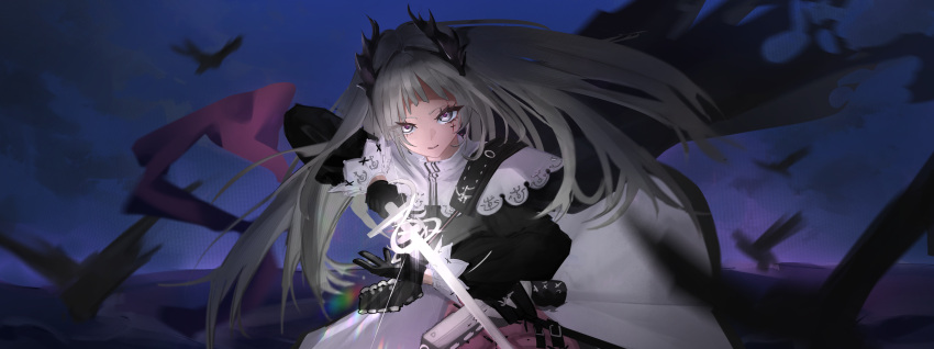 1girl, absurdres, ammunition_belt, arknights, bird, black_gloves, capelet, closed_mouth, earrings, gloves, glowing, glowing_sword, glowing_weapon, grey_eyes, grey_hair, gun, head_wings, highres, holding, holding_sword, holding_weapon, irene_(arknights), jewelry, long_hair, long_sleeves, looking_at_viewer, mal_(malqsm), night, night_sky, outdoors, rapier, scar, scar_across_eye, scar_on_face, serious, sky, smile, solo, sword, upper_body, very_long_hair, weapon, white_capelet