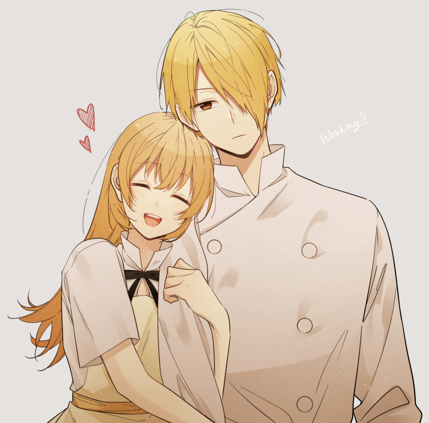 1boy, 1girl, ^_^, ^o^, apron, arm_hug, azs_kn, blonde_hair