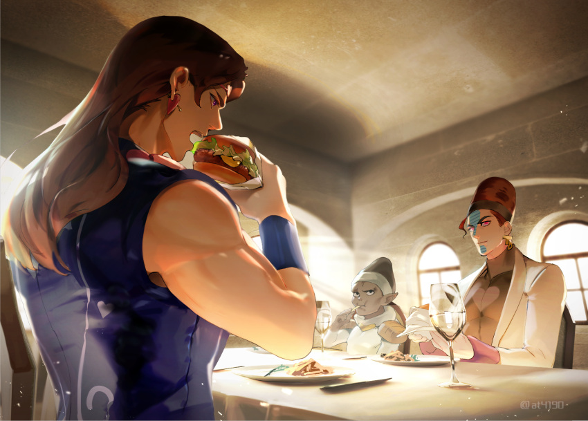 3boys, at4190_(user_vzac7788), bare_shoulders, black_jacket, black_sweater, bread, brown_eyes, brown_hair