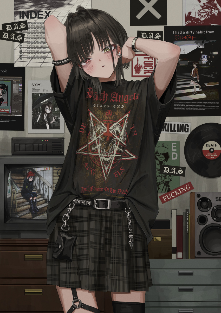 1girl, absurdres, arm_up, armlet, bangs, belt, black_hair, black_shirt