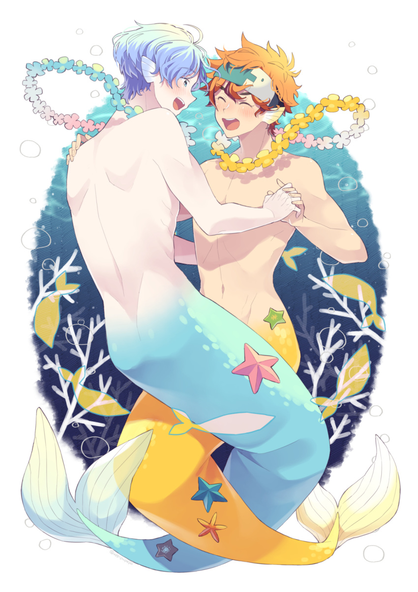 2boys, ^_^, back, bare_back, blue_eyes, blue_hair, closed_eyes, fins