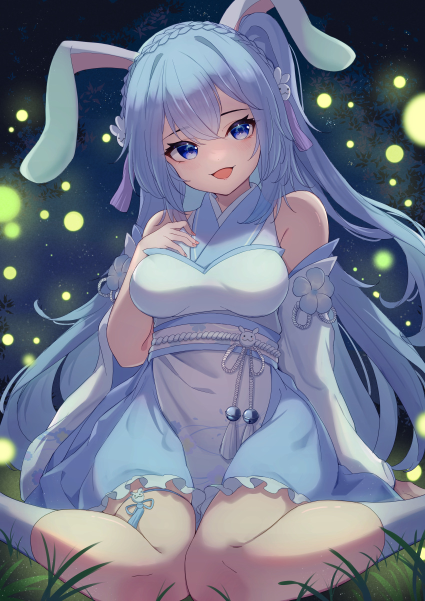 1girl, :d, absurdres, animal_ears, bangs, bare_shoulders, blue_eyes, blue_hair
