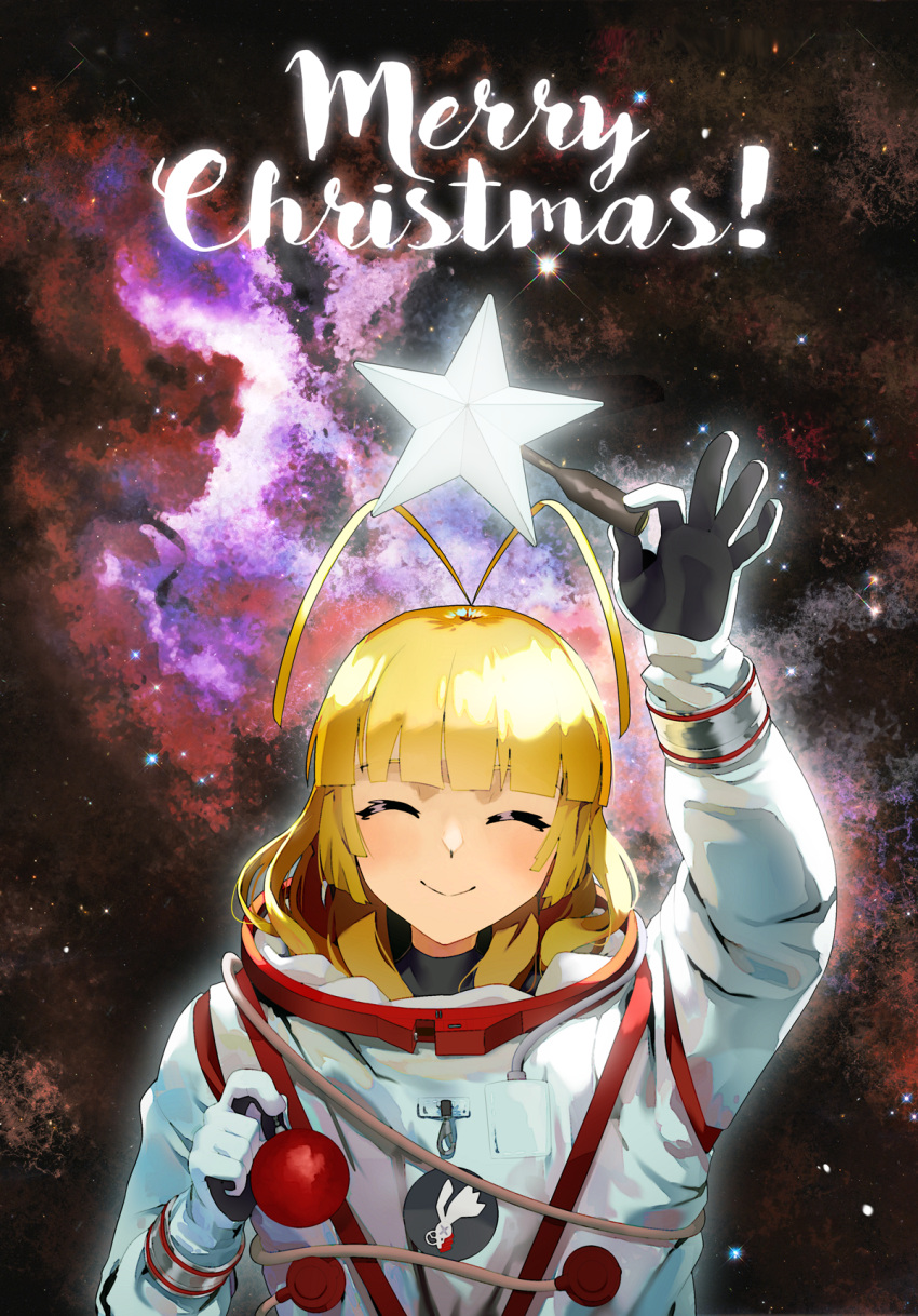 1girl, antenna_hair, bangs, blonde_hair, blunt_bangs, blush, christmas_ornaments, closed_eyes