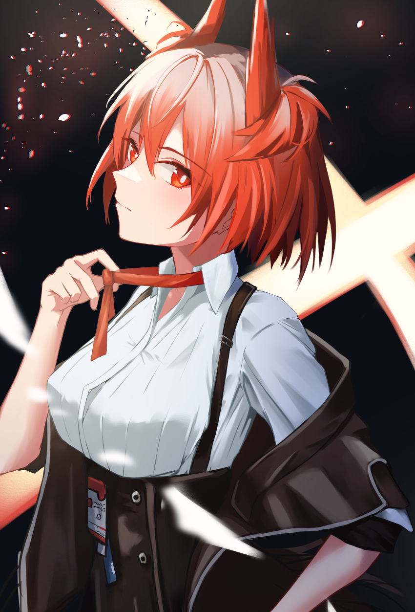 1girl, absurdres, animal_ears, arknights, bird_ears, black_jacket, black_skirt, blush