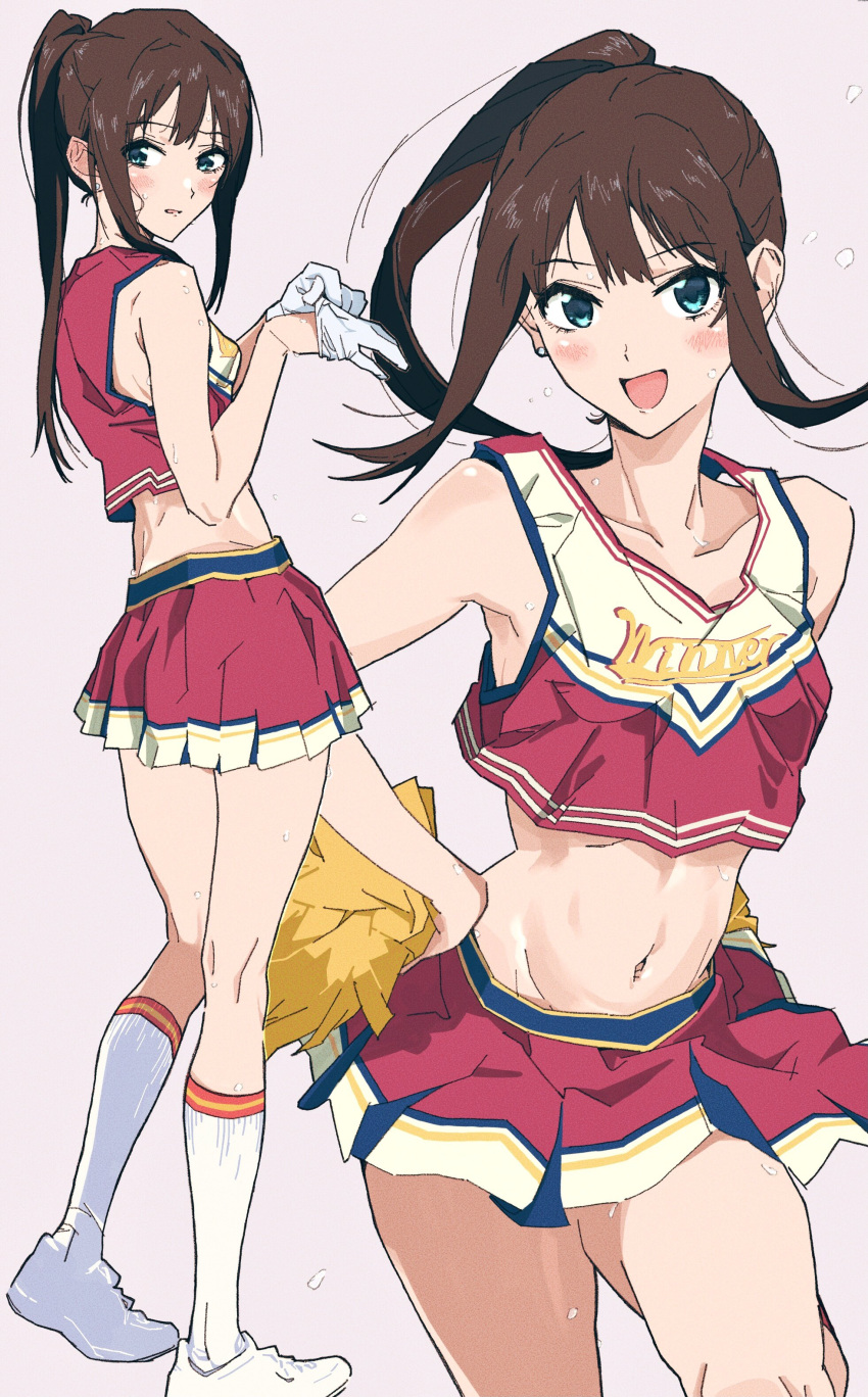 1girl, absurdres, bloom_into_me15, blush, brown_hair, cheerleader, crop_top, ear_piercing, gloves, highres, idolmaster, idolmaster_cinderella_girls, idolmaster_cinderella_girls_starlight_stage, kneehighs, midriff, miniskirt, navel, piercing, pom_pom_(cheerleading), ponytail, shibuya_rin, shoes, skirt, sleeveless, sneakers, socks, sweat, white_gloves