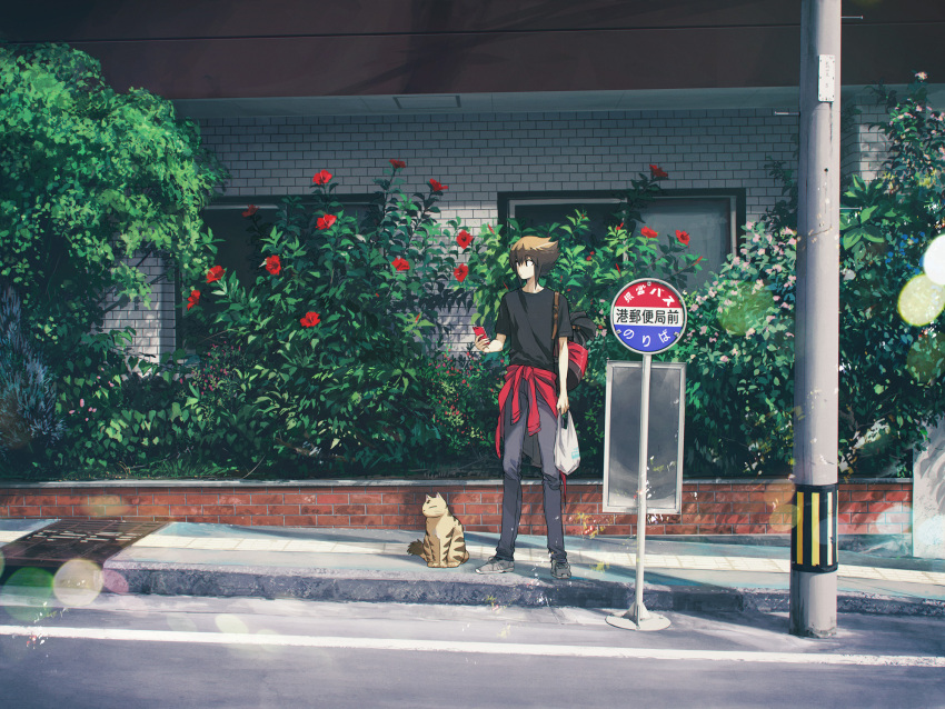 1boy, bag, bangs, black_shirt, brown_eyes, brown_hair, building, bush