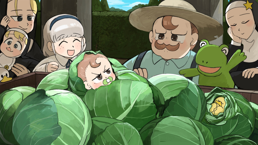 1boy, 5girls, :d, :t, ^_^, aged_down, baby, bib
