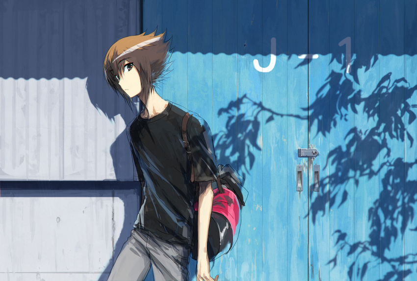 1boy, black_shirt, brown_eyes, building, closed_mouth, colored_inner_hair, commentary_request, door