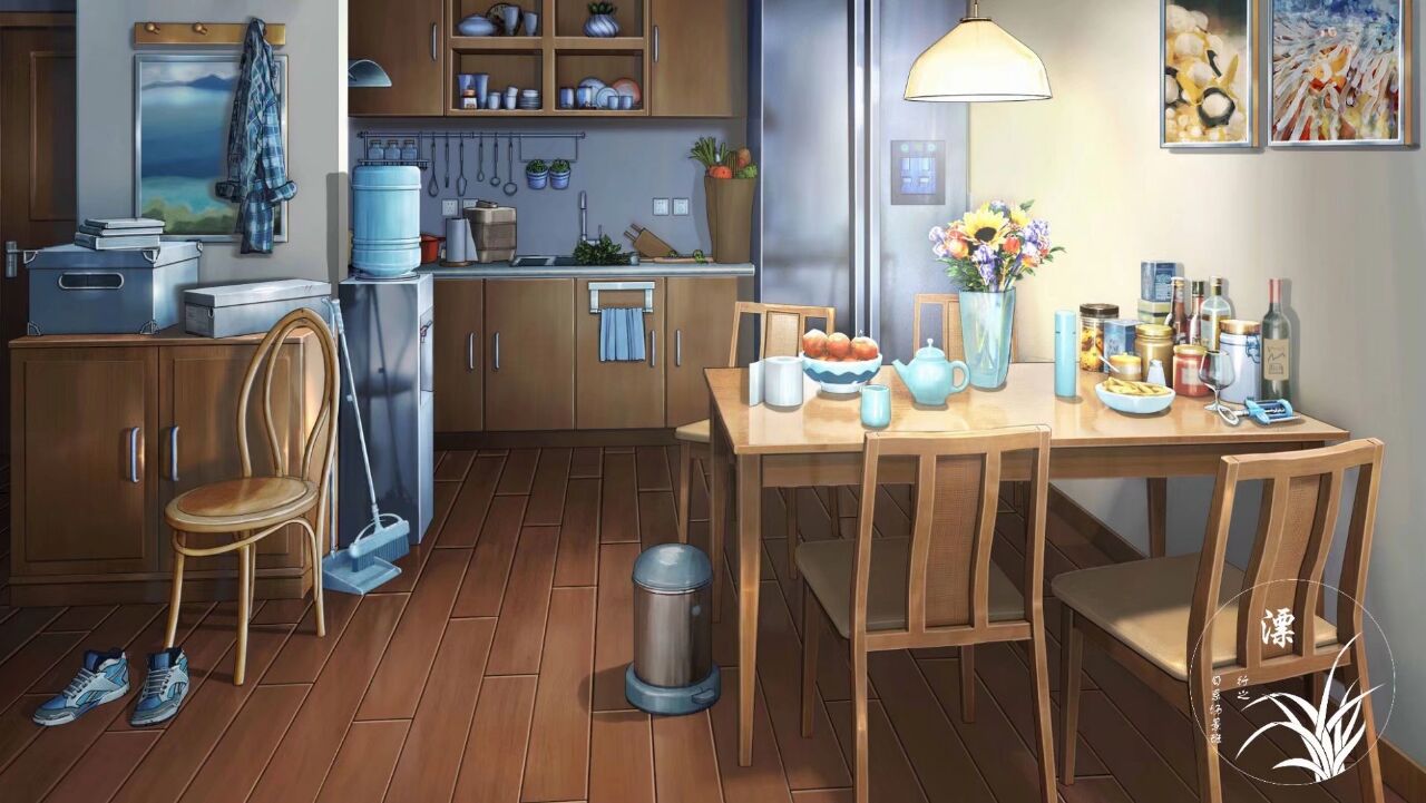 bag, bottle, broom, chair, cup, dining_room, drinking_glass, flower