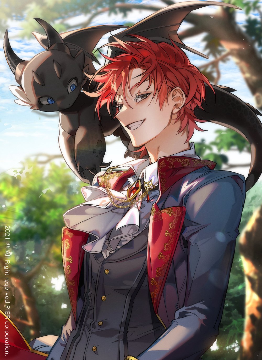 1boy, blue_eyes, blurry, blurry_background, brown_eyes, cale_henituse, commentary_request, dappled_sunlight